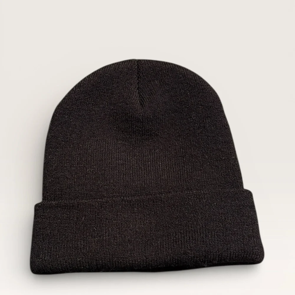 Black Knit Beanie with White Butterfly Embroidery